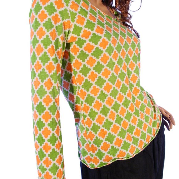 TORY BURCH Green and Orange Logo Scoop Neck Long Sleeve Tissue Tee Top M - Picture 5 of 9